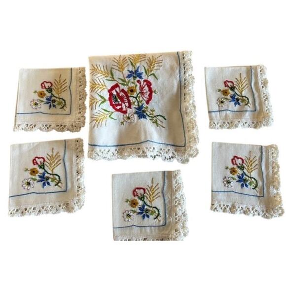 Antique Embroidered Wildflower  6-Piece Linen with Lace Trim Set (1930s–1950s) - Picture 1 of 5